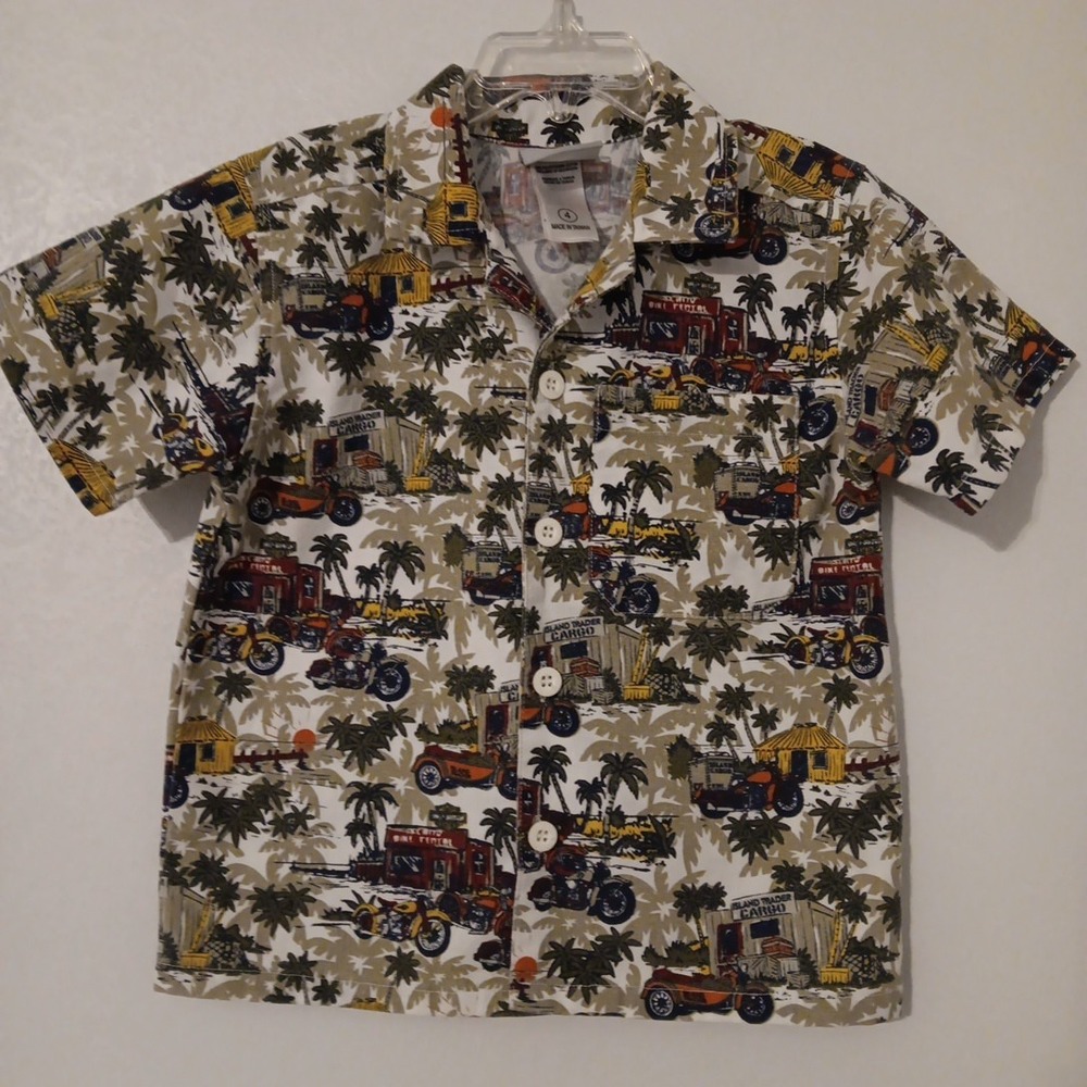 Harley Davidson Button-up Shirt Boys Sz.4 Green Multi-Color Island Theme